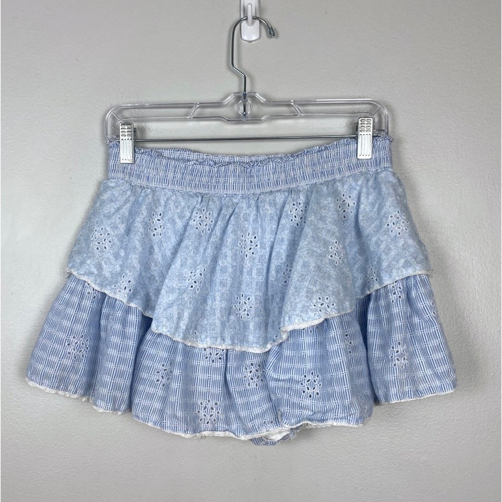 American Eagle Light Blue Floral Ruffle Flowy Shorts Eyelet Elastic Waist Medium